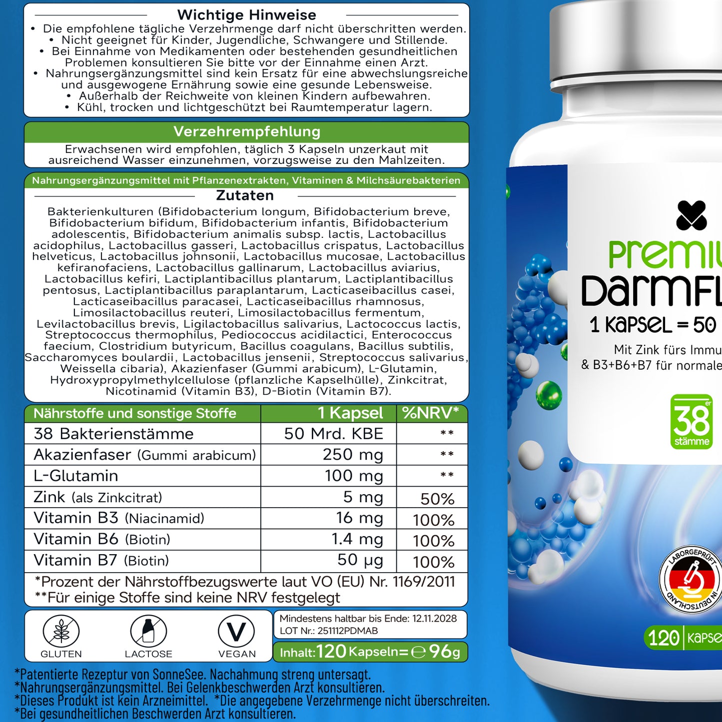 Pro 50Mrd Darmflora 38 Stämme Hochdosierte Komplexformel mit Akazienfaser, L-Glutamin, Zink & B-Vitaminen