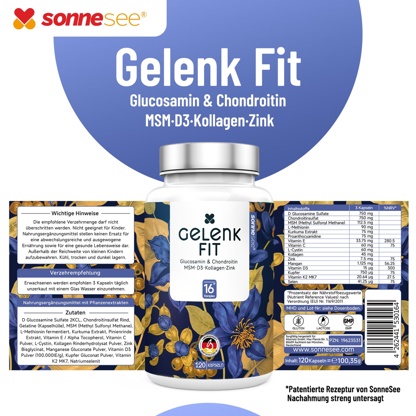 Gelenk Fit SonneSee Glucosamin+ Chondroitin 1500mg 16 fach Komplex Mit MSM, Kurkuma, Vitaminen & Mineralien Gelenkunterstützung, Knorpelbildung produziert in Deutschland