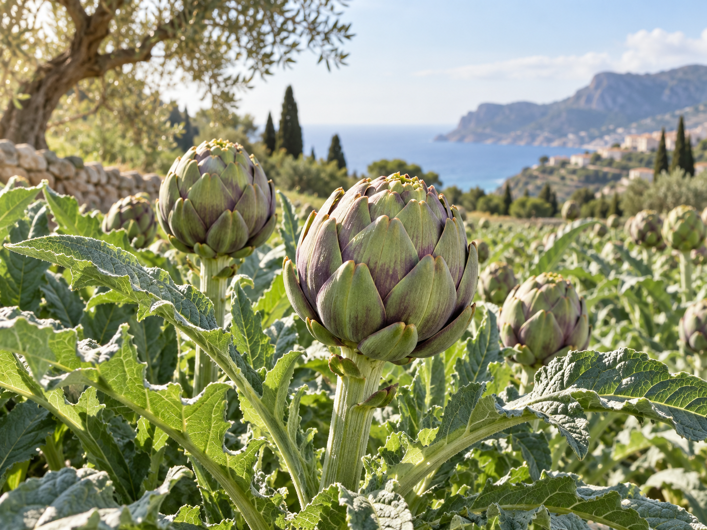 Artischockenpflanzen Cynara cardunculus mit großen Blättern und Blütenköpfen in mediterraner Landschaft
