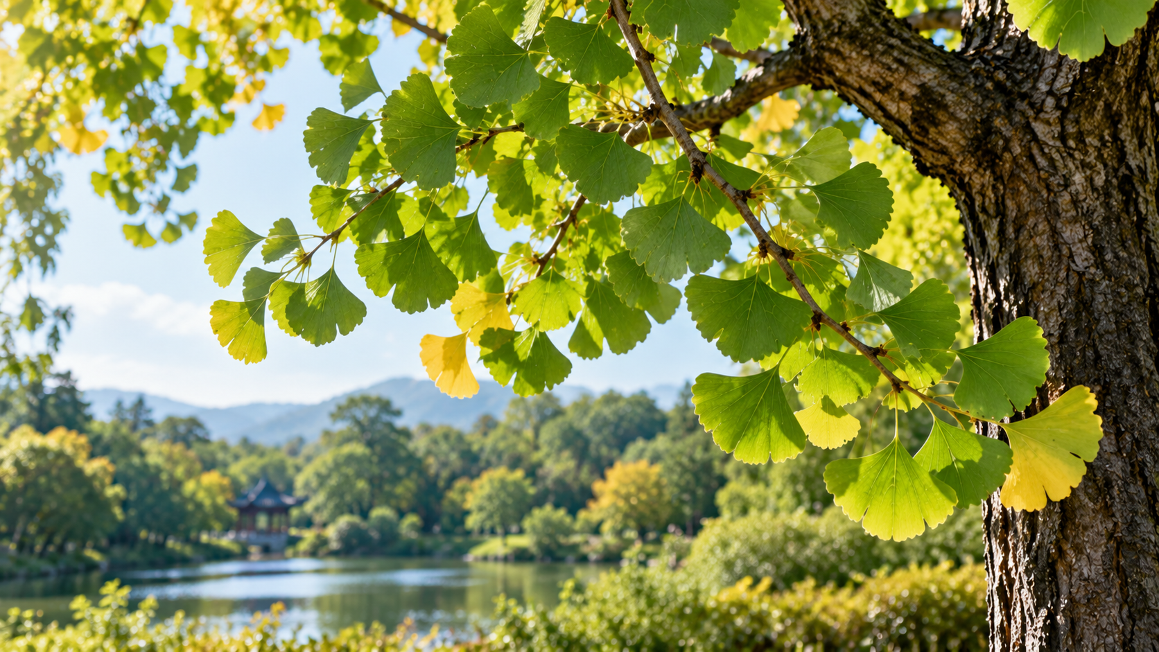 Ginkgo biloba mit fächerförmigen grünen Blättern in einer natürlichen Parklandschaft