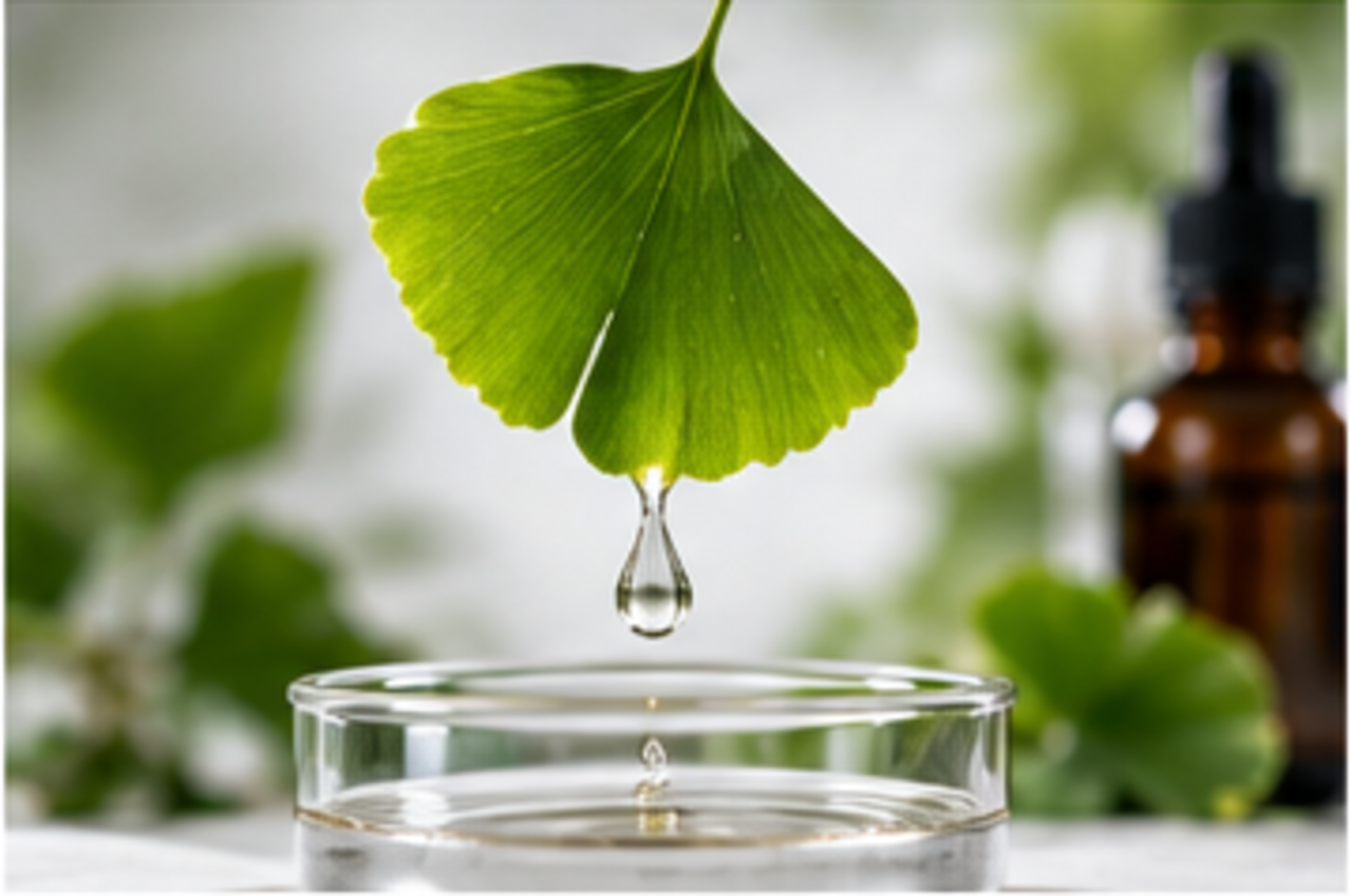 Ginkgoblätter und Pflanzenpulver als Darstellung verschiedener Ginkgo-Rohstoffformen