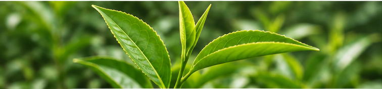 Junge Blätter der Teepflanze Camellia sinensis als pflanzliches Ausgangsmaterial