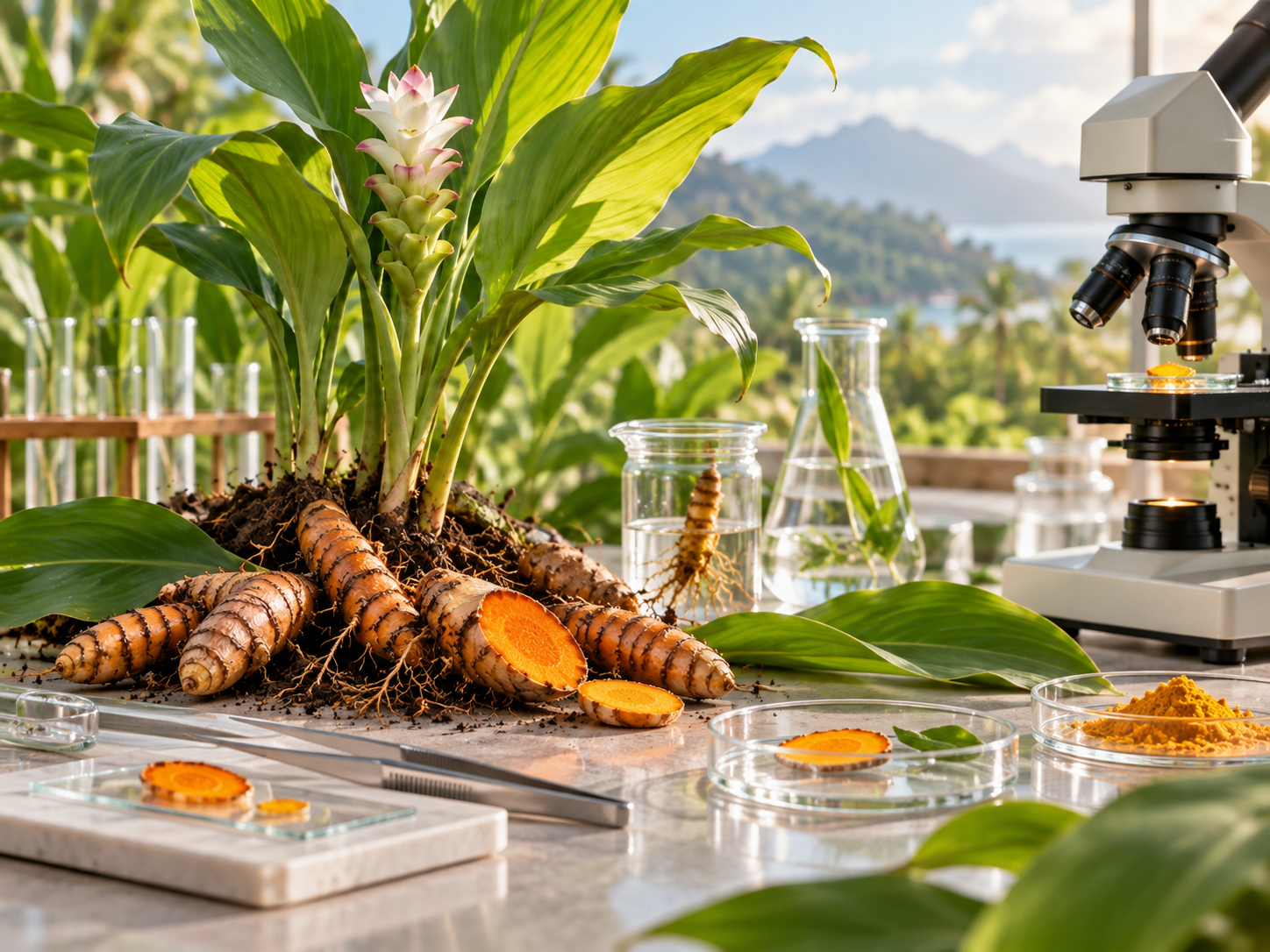 Curcuma longa und Kurkuma-Rhizome auf einem botanischen Forschungstisch mit Mikroskop