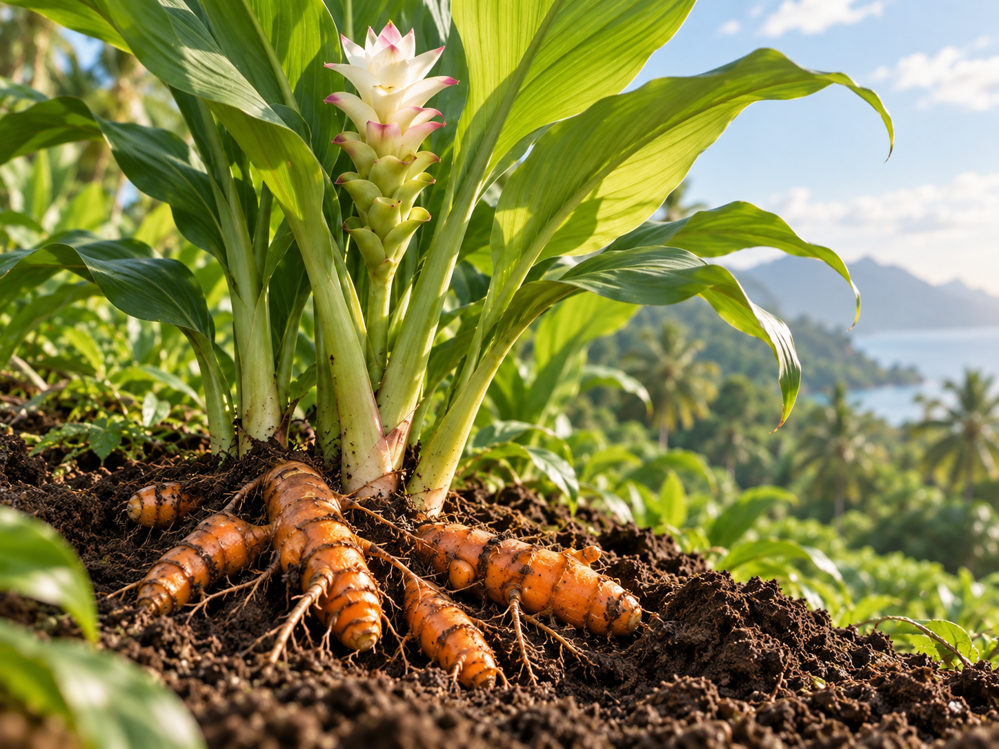 Curcuma longa mit orangefarbenen Rhizomen im Boden und grünen Blättern