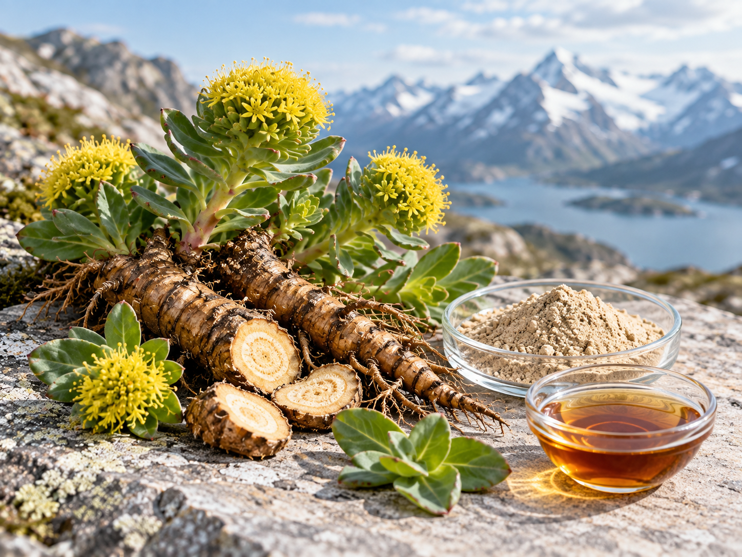Rhodiola rosea mit Rhizom, getrocknetem Pflanzenmaterial und Pflanzenextrakt