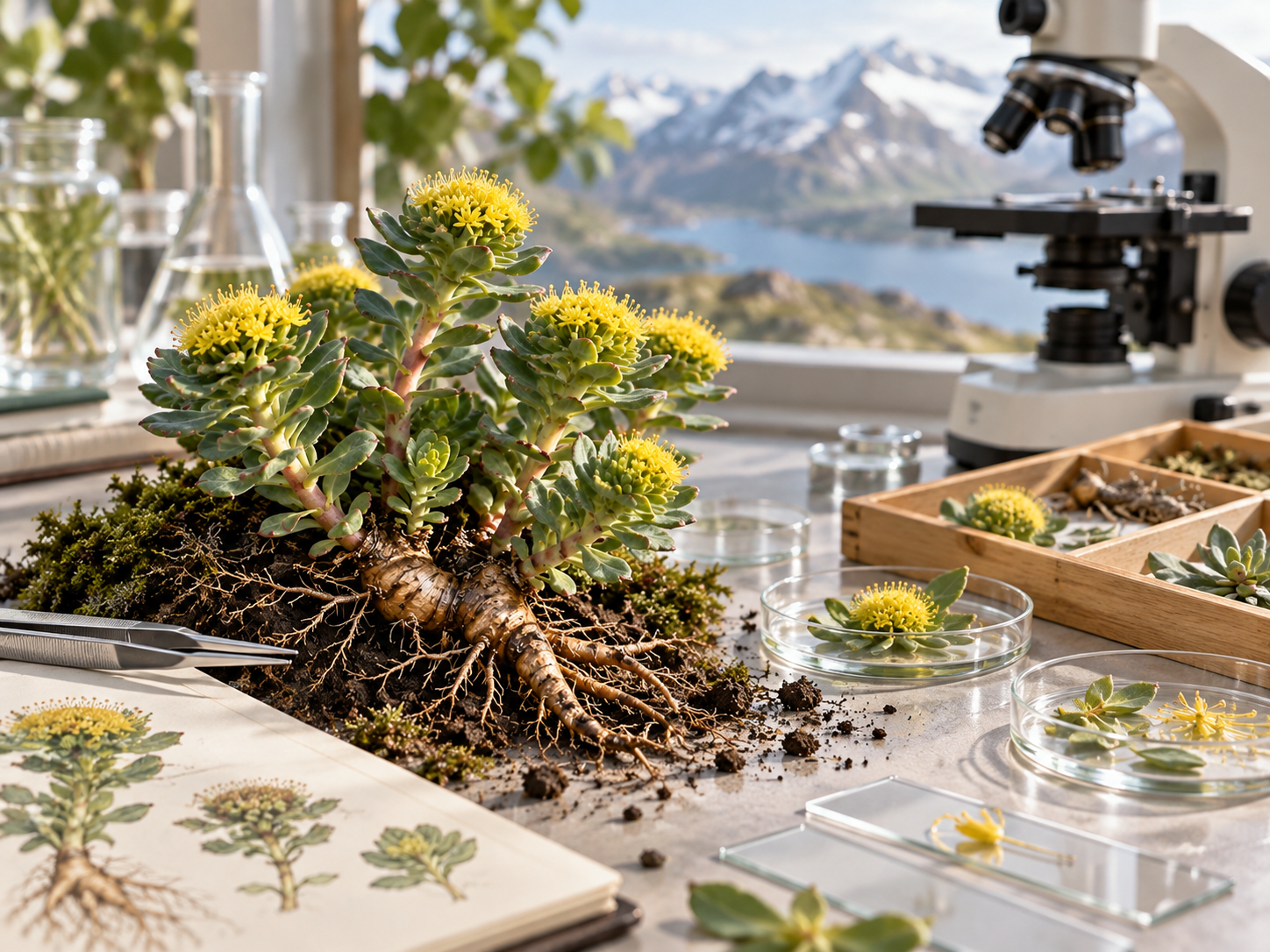 Rhodiola rosea auf einem botanischen Forschungstisch mit Mikroskop und Pflanzenproben