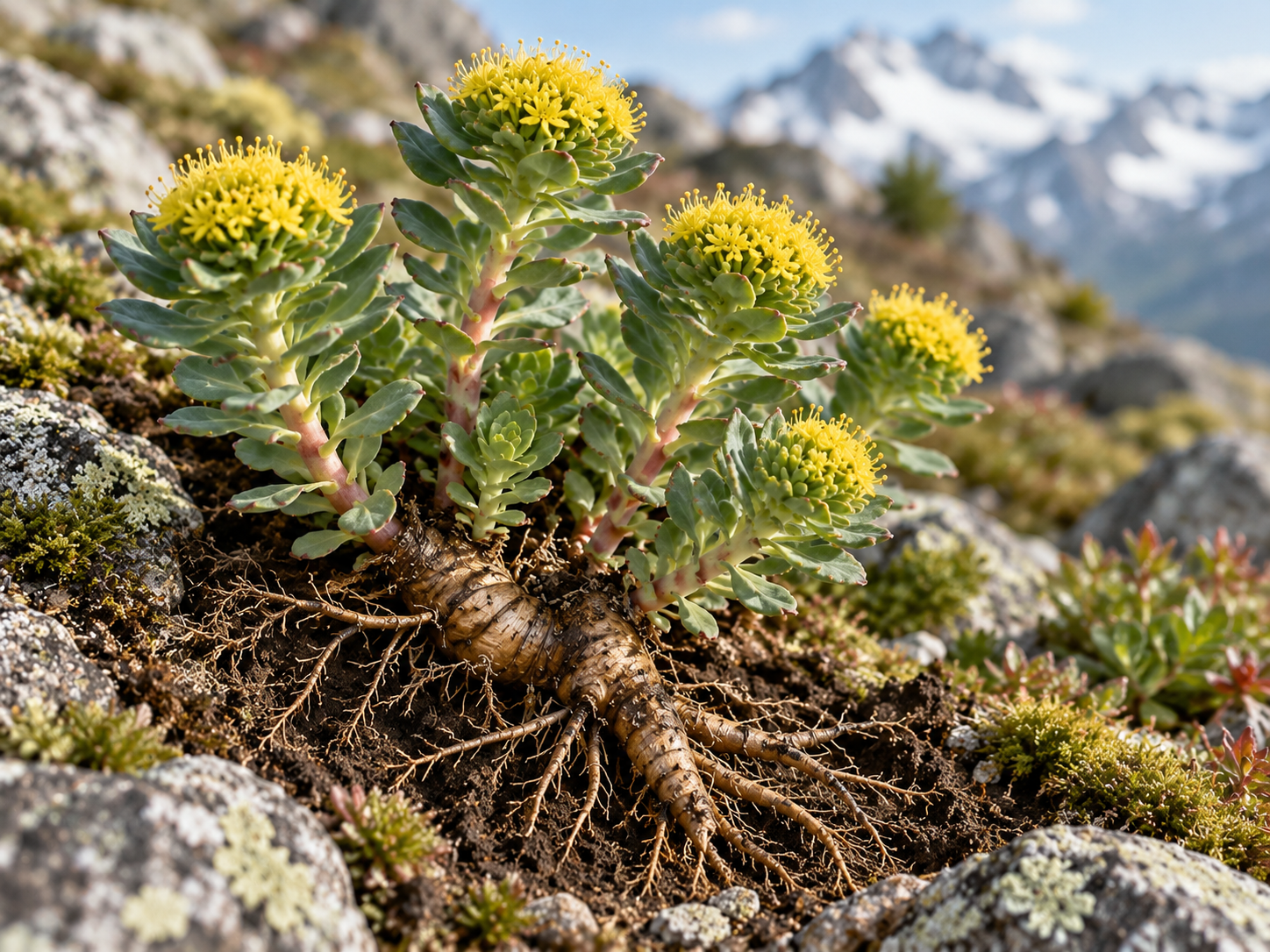 Rhodiola rosea mit sichtbarem Rhizom und Wurzeln zwischen alpinen Steinen