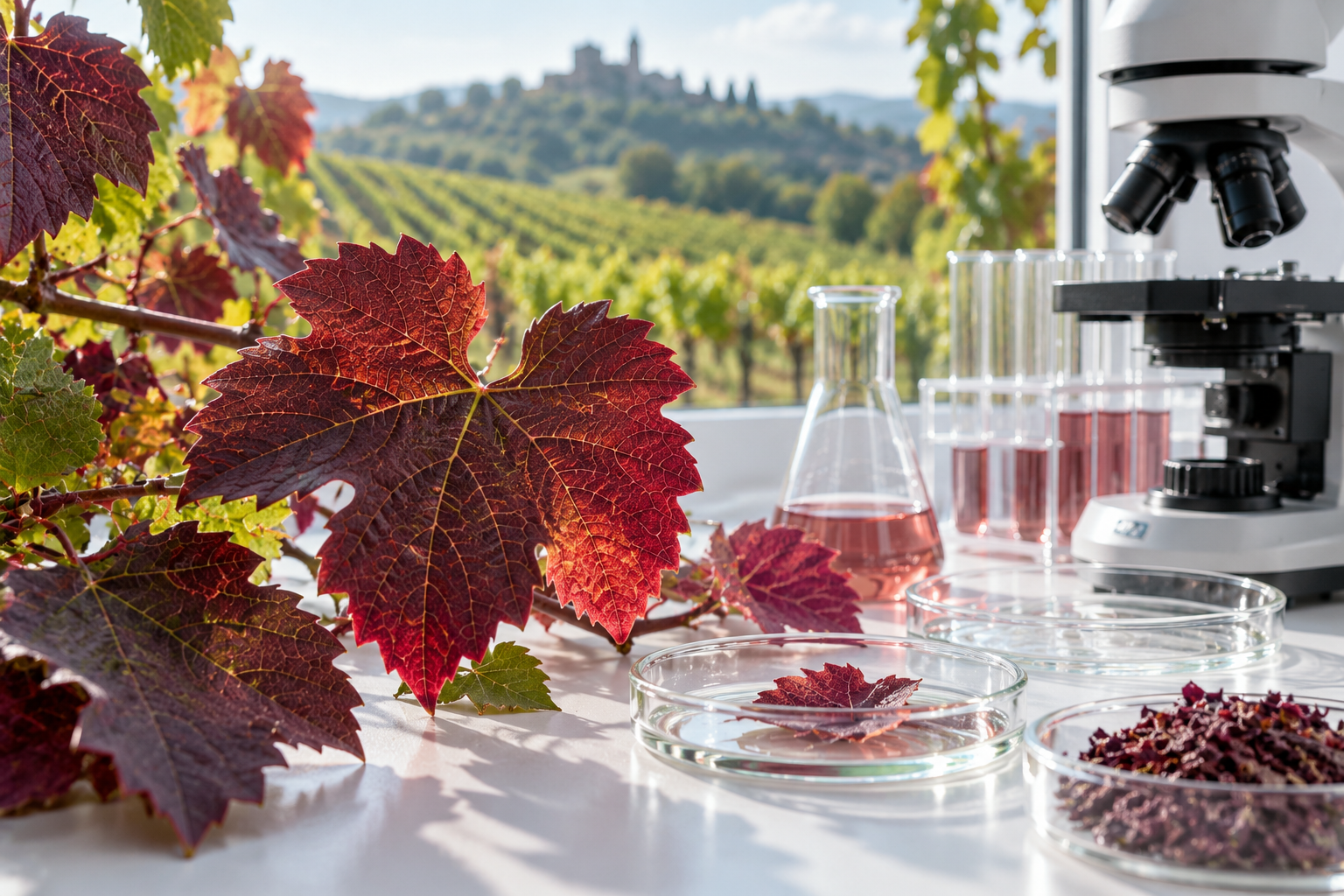 Rote Weinblätter in einer botanischen Forschungsszene mit Mikroskop und Laborgefäßen