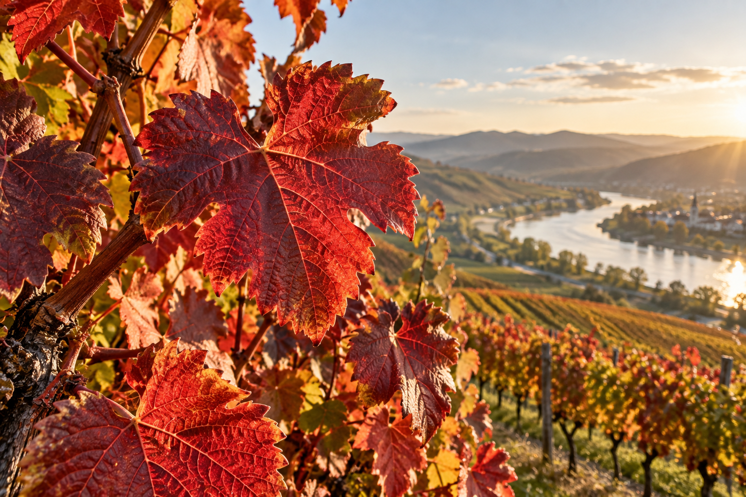 Rote Blätter von Vitis vinifera in einem herbstlichen Weinberg über einem Flusstal