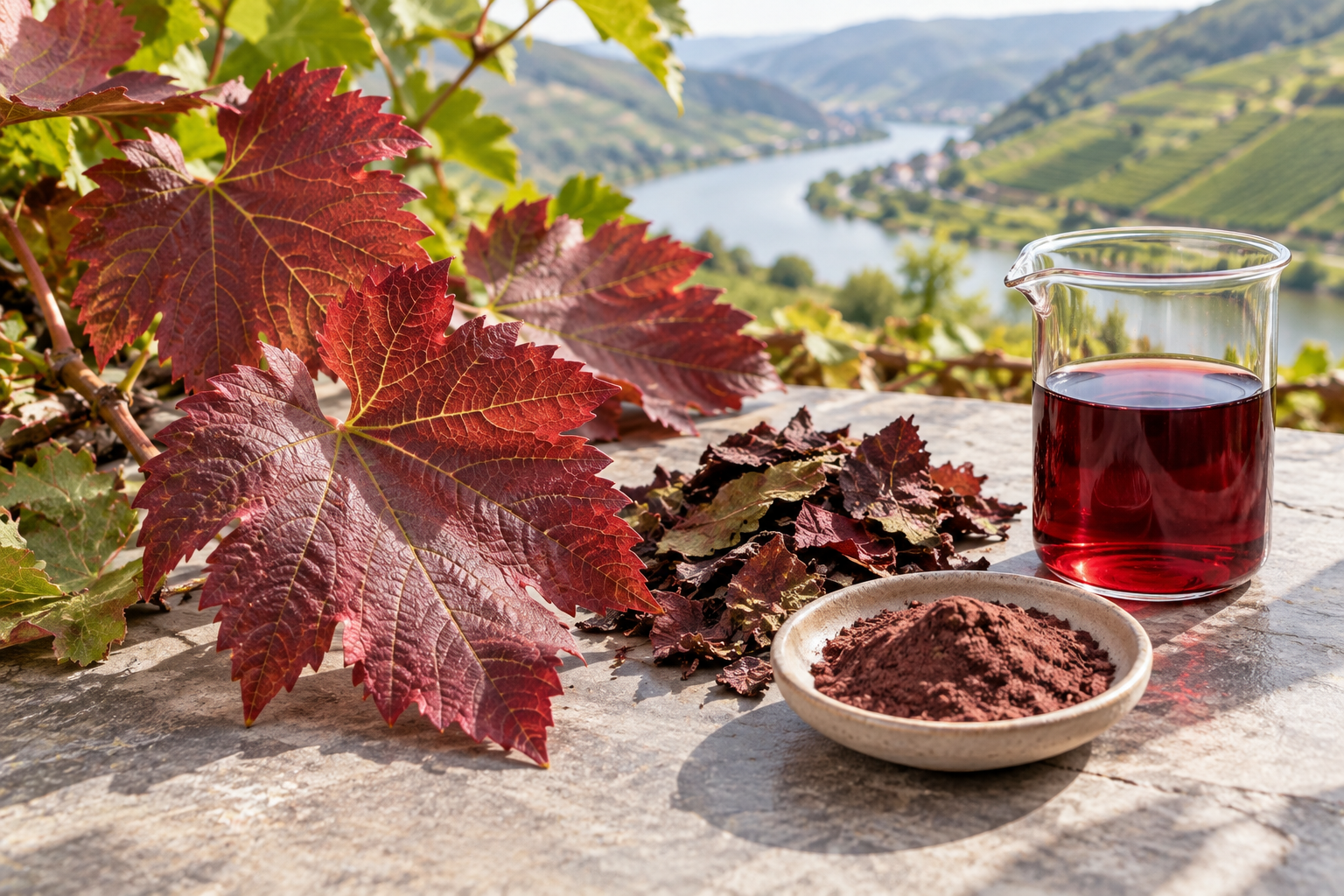 Rote Weinblätter, getrocknetes Blatt, Pflanzenpulver und roter Extrakt als Zubereitungsformen