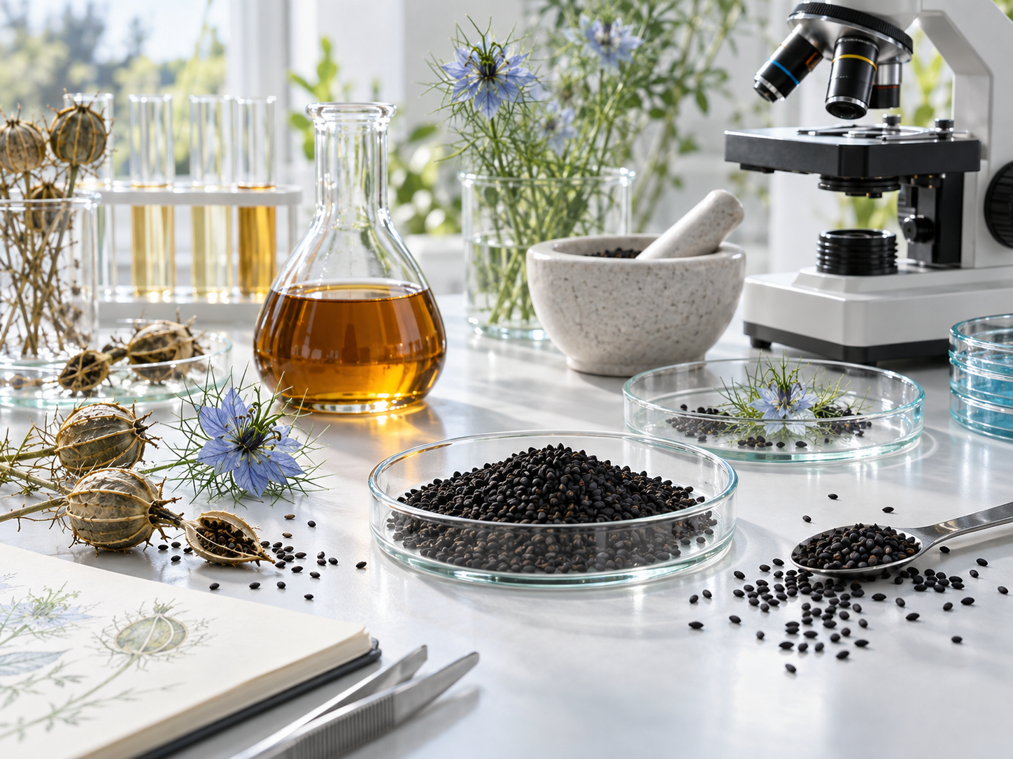 Nigella-sativa-Samen und Schwarzkümmelöl in einer botanischen Forschungsszene mit Mikroskop