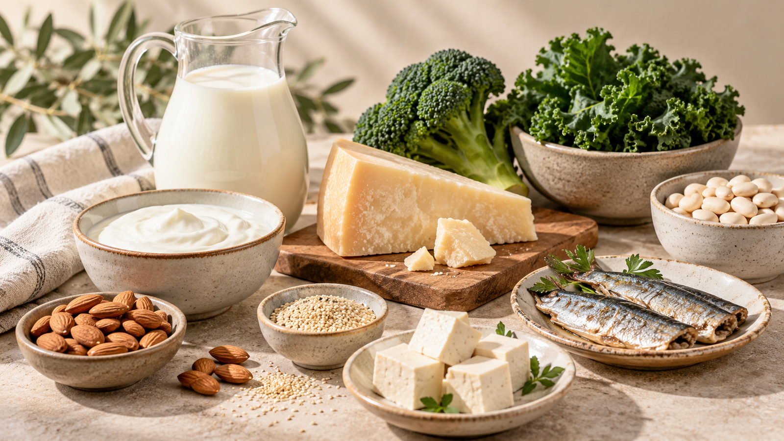 Calciumreiche Lebensmittel mit Milch, Joghurt, Käse, Sardinen und grünem Gemüse
