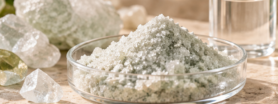 Illustrative Darstellung von Eisensulfat mit Mineralstruktur und Glasfläschchen