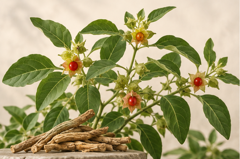 Ashwagandha-Pflanze mit roten Beeren und Wurzeln in warmem Naturlicht