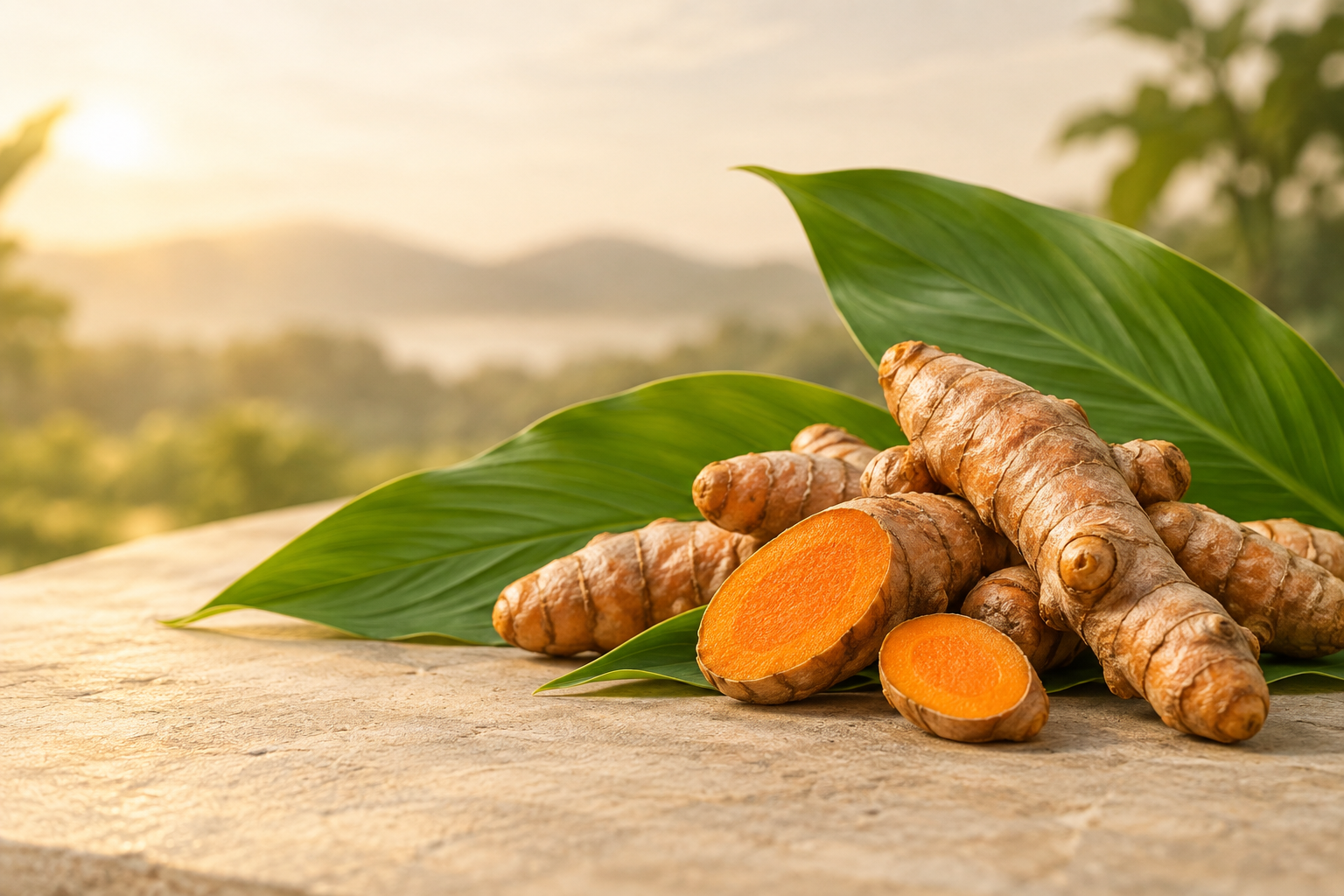 Kurkuma-Rhizome mit gelb-orangefarbenem Inneren und grünen Blättern