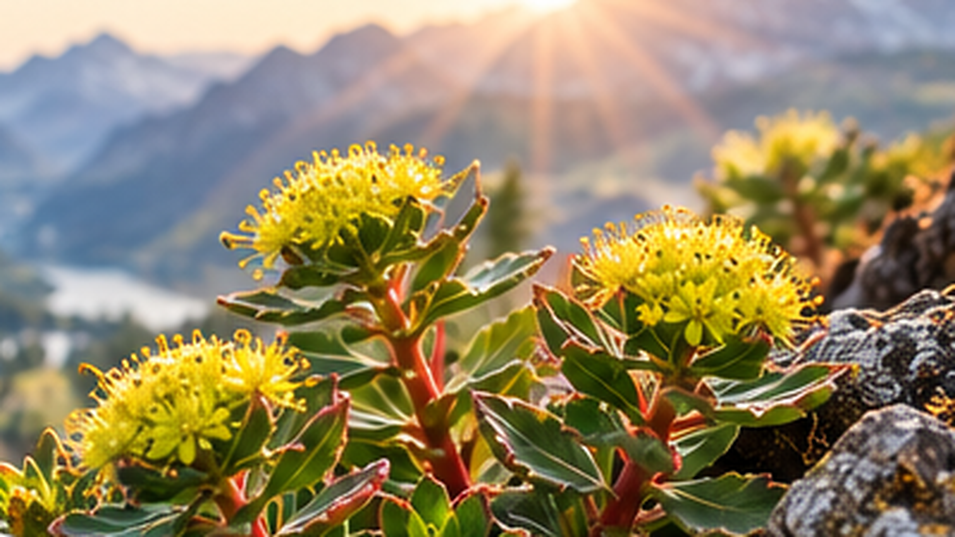 Rhodiola-rosea-Pflanze mit gelben Blüten in einer felsigen Berglandschaft
