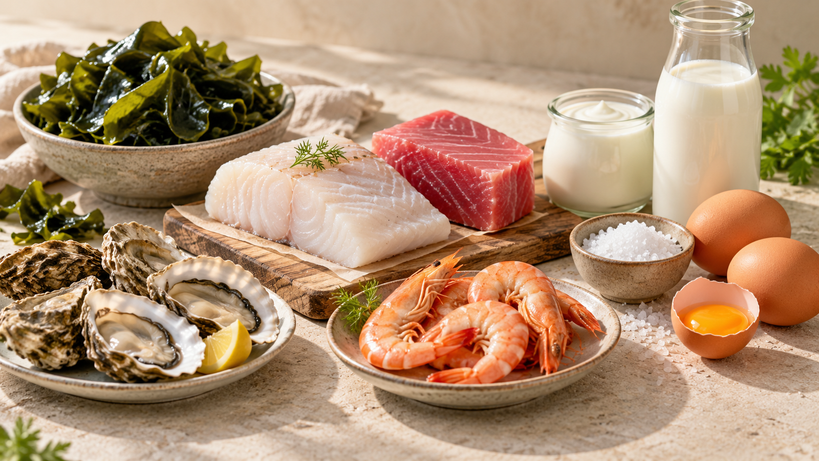Jodreiche Lebensmittel mit Fisch, Meeresfrüchten, Milchprodukten, Eiern und Algen