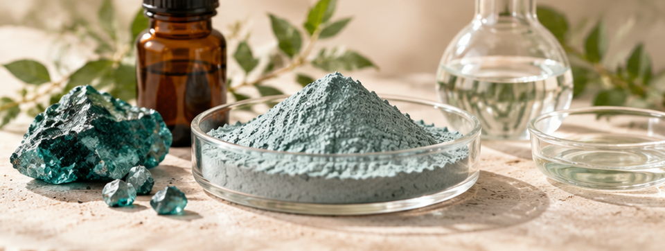 Illustrative Darstellung von Kupfersulfat mit mineralisch blaugrünem Pulver und Laborgefäßen