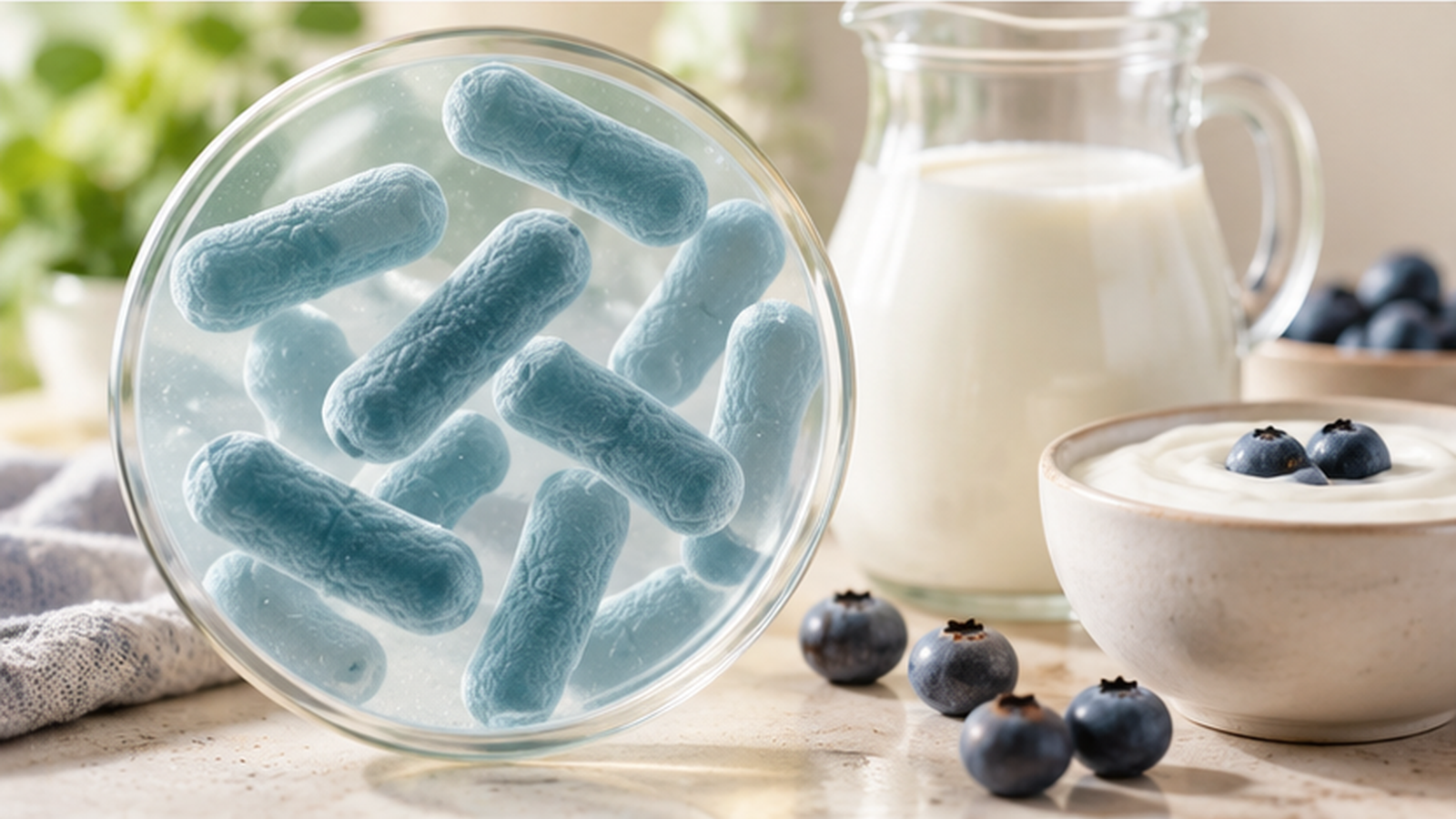 Illustrative Darstellung von Lactobacillus acidophilus mit Bakterienkultur und fermentierten Milchprodukten