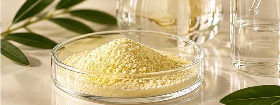 Illustrative Darstellung einer Vitamin-B2-Form mit gelblichem Pulver und Laborgefäßen