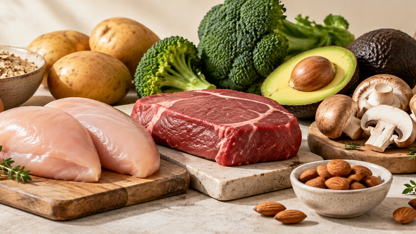 Vitamin B5 Lebensmittel mit Fleisch, Eiern, Avocado, Brokkoli, Pilzen und Vollkorn