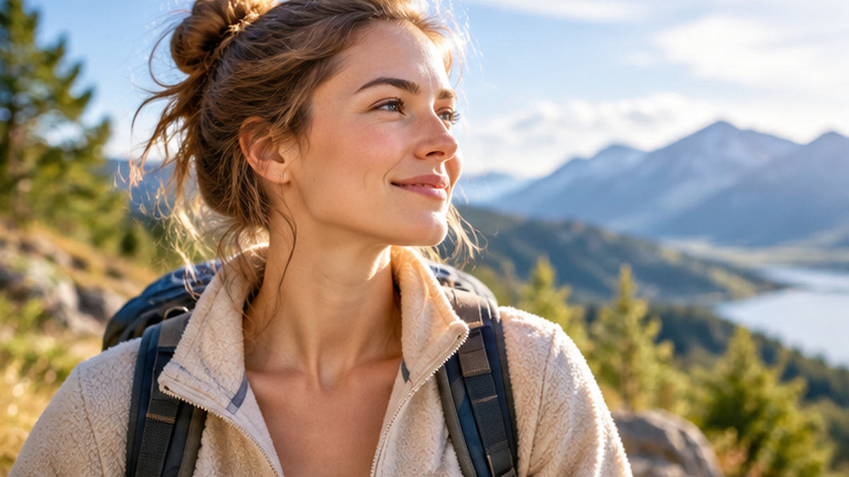 Aktive Frau in der Natur als Symbol für Alltag und Gesundheit