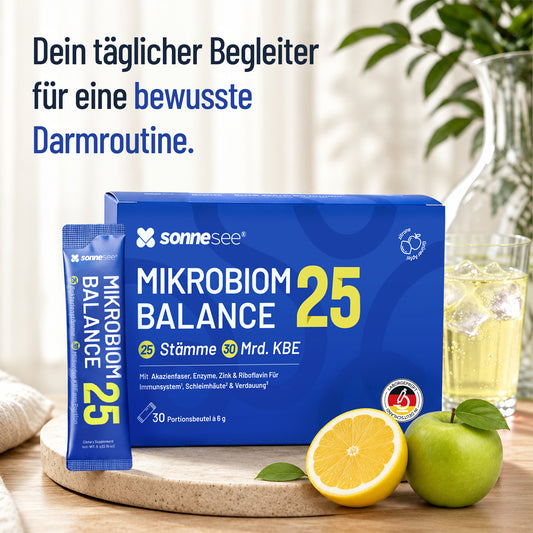 25 Bakterienkulturen + 30 Mrd. KBE – Darmflora Pulver mit Präbiotika, Enzymen, Zink & Biotin – 30 Tagesportionen – Sonnesee Mikrobiom Balance 25