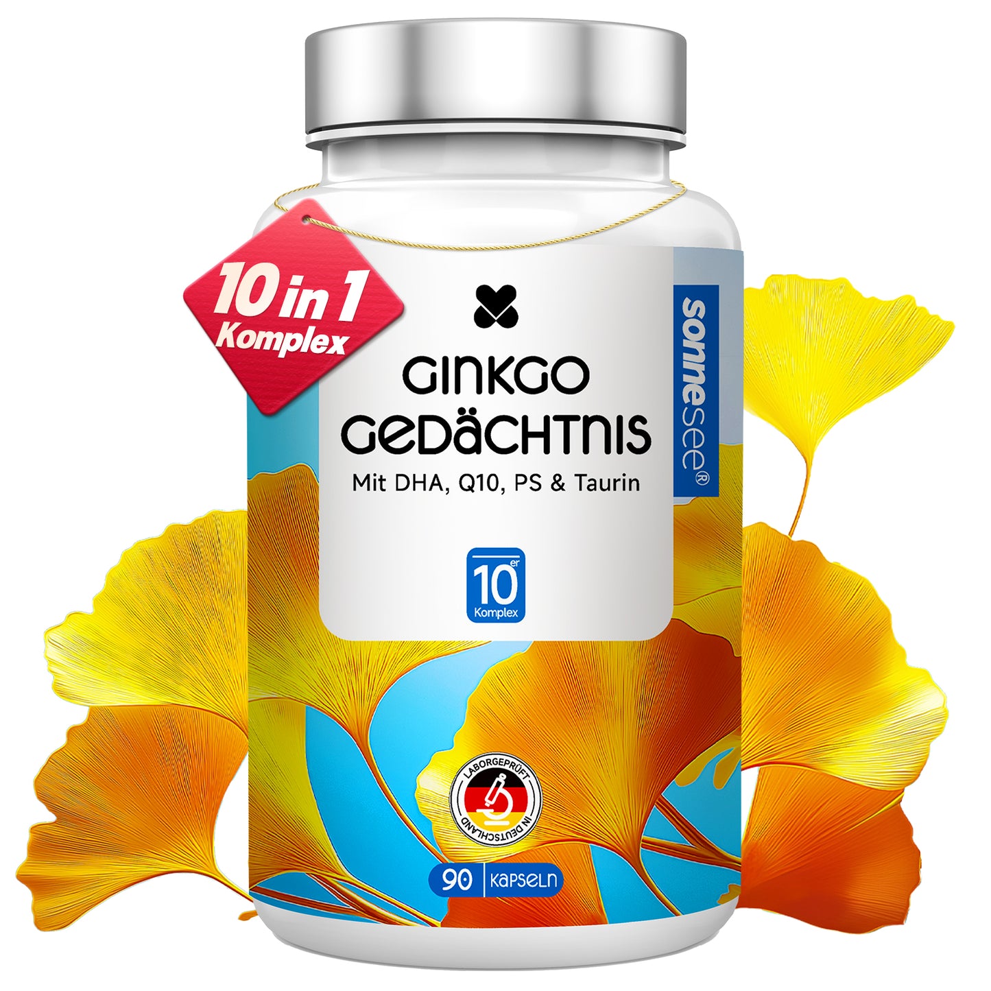 Ginkgo Gedächtnis Kapseln mit DHA, Q10, PS & Taurin, 90 Stück, Nahrungsergänzungsmittel mit Ginkgo-biloba-Extrakt