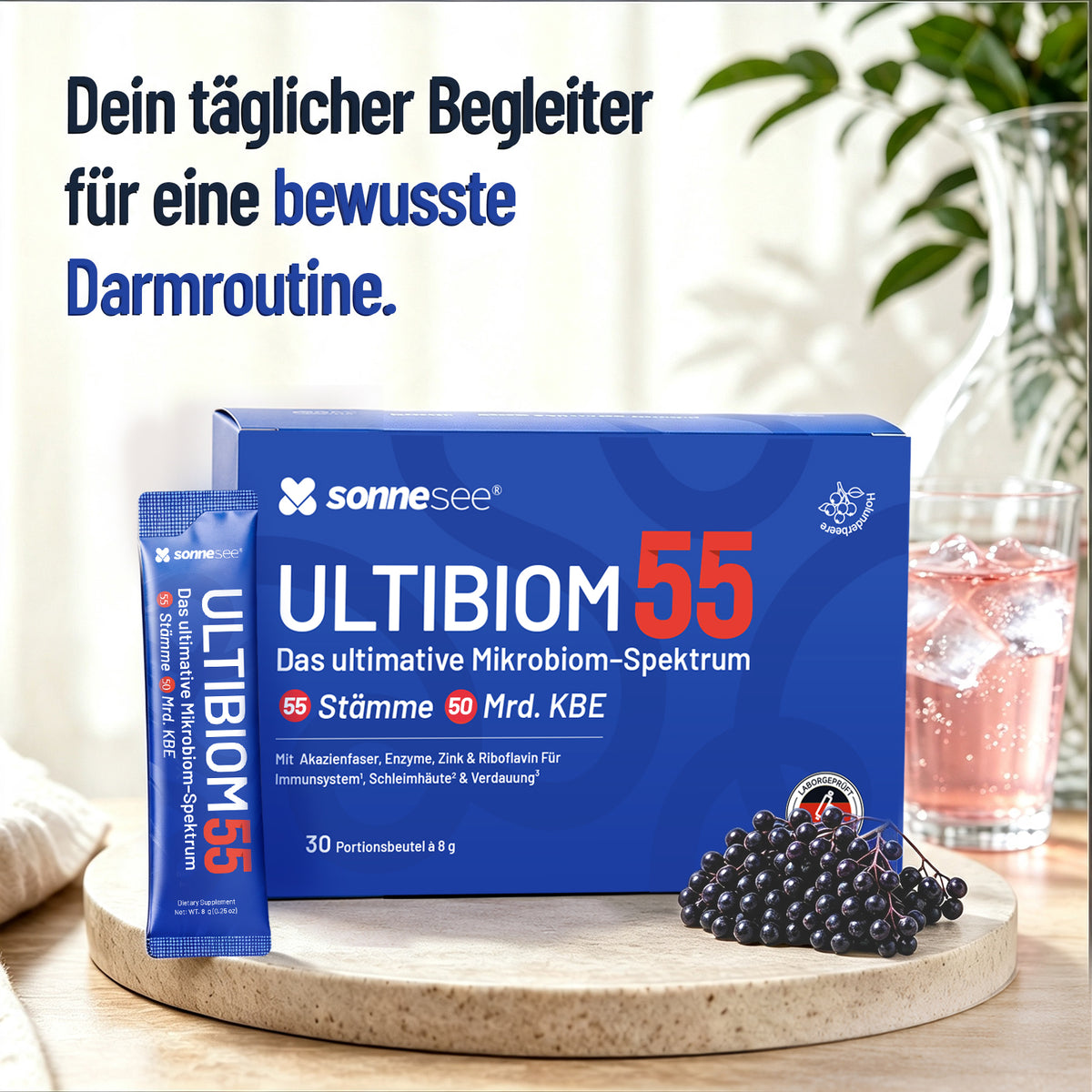 55 Bakterienkulturen 50 Mrd. KBE – Darmflora Komplex mit Inulin, Akazienfaser, FOS, Enzymen, Zink & Biotin – 30 Portionssticks – Sonnesee ULTIBIOM 55