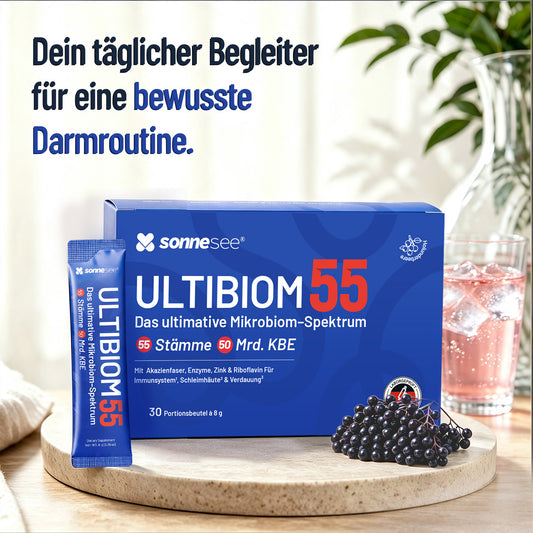55 Bakterienkulturen 50 Mrd. KBE – Darmflora Komplex mit Inulin, Akazienfaser, FOS, Enzymen, Zink & Biotin – 30 Portionssticks – Sonnesee ULTIBIOM 55