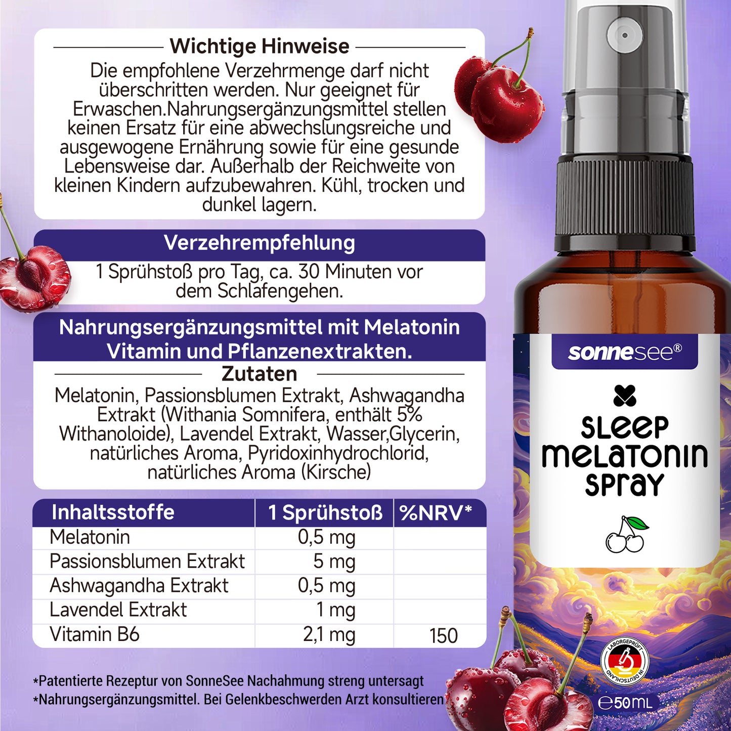 Sonnesee Sleep Spray Melatonin Ashwagandha mit Passionsblume, Lavendel & Vitamin B6