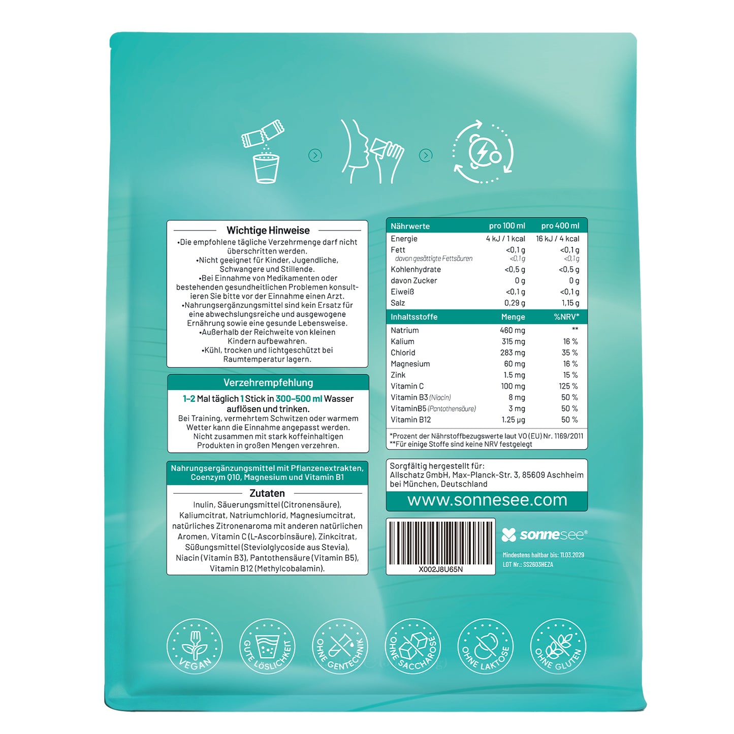 Sonnesee Elektrolyte Pulver   – 30 Sticks | Zuckerfrei | Mit Natrium, Kalium & Magnesium | Elektrolyt Getränkepulver für tägliche Hydration | Vegan