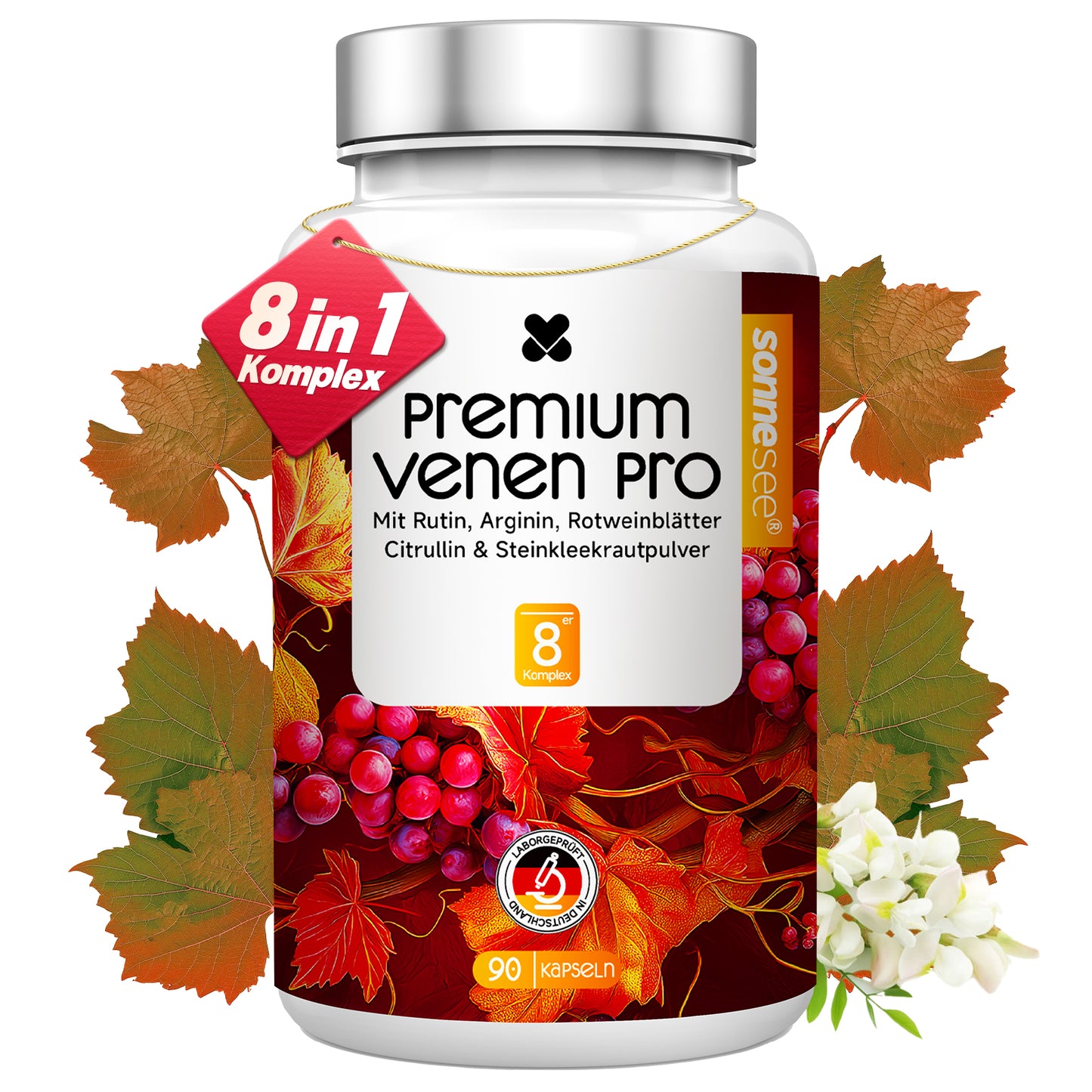 Premium Venen Pro Kapseln, 90 Stück, Mit Rutin, L-Arginin, Rotweinblätter-Extrakt, Vitamin C, Kupfer und Mangan, Vegan