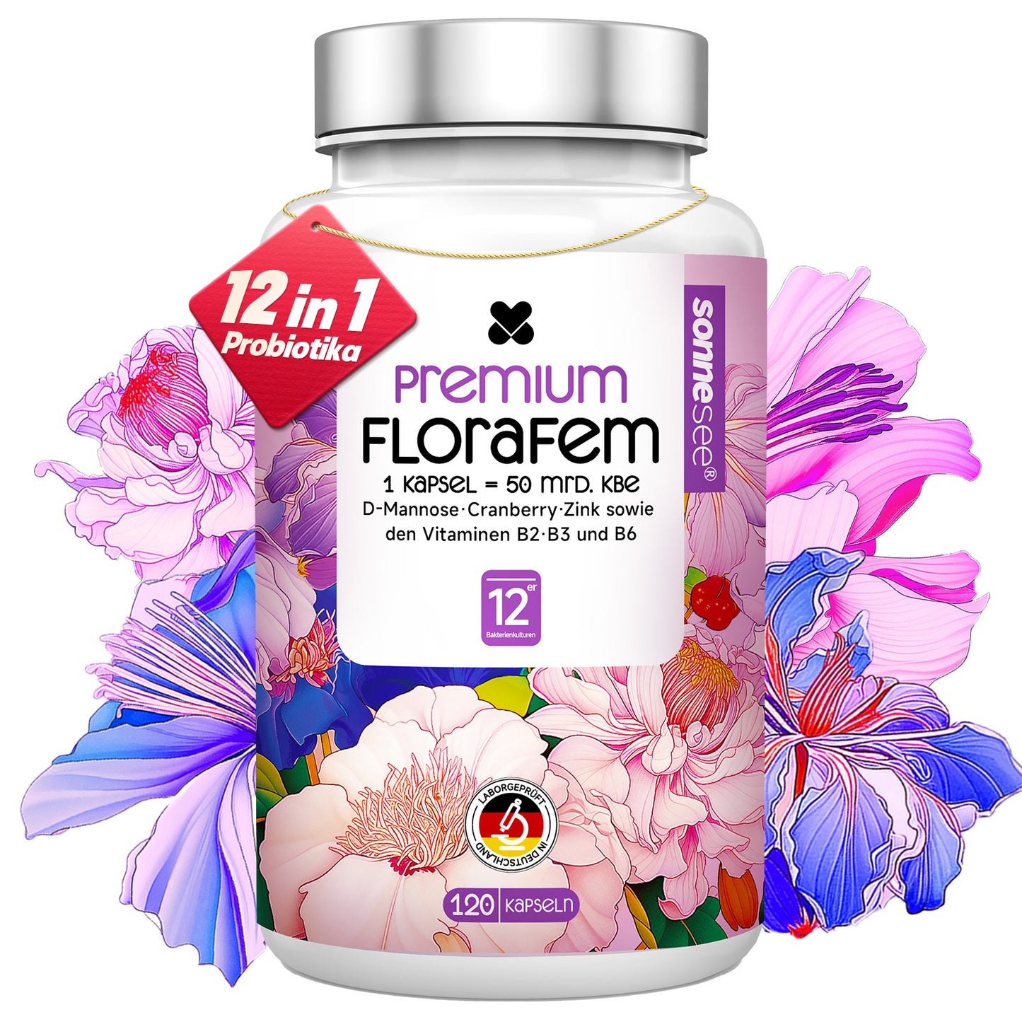 Sonnesee Premium FloraFem Kulturen Komplex 12 Bakterienstämme mit Mit D-Mannose, Cranberry, Zink und Vitaminen