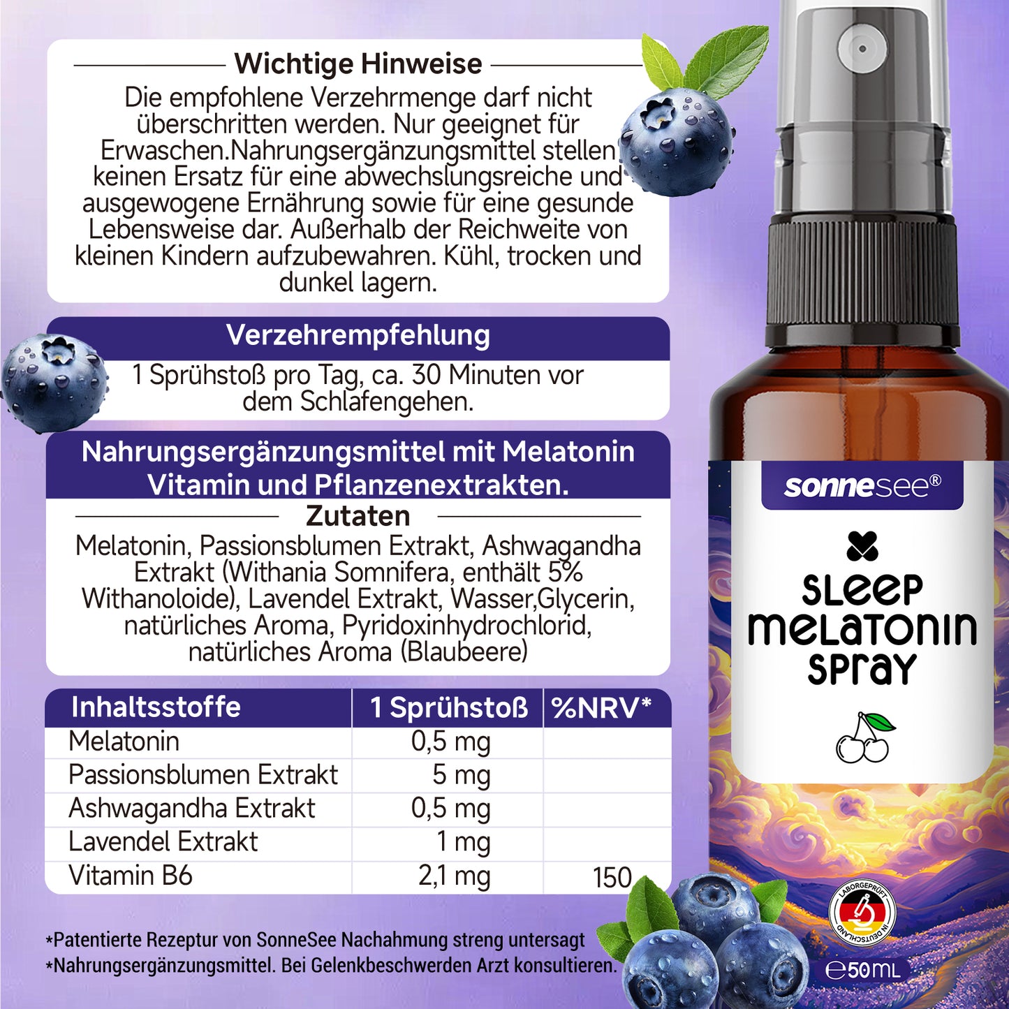 Sonnesee Sleep Spray Melatonin Ashwagandha mit Passionsblume, Lavendel & Vitamin B6