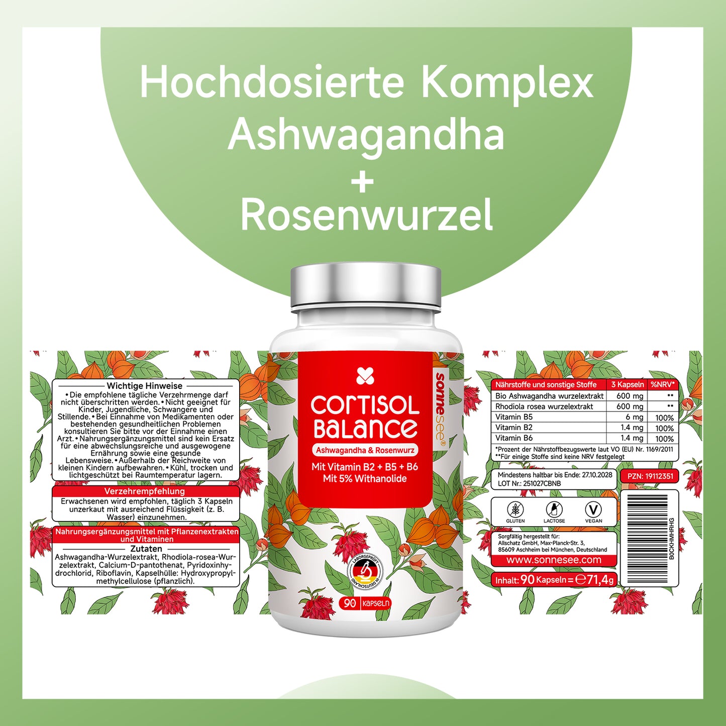 Cortisol Balance 5 in 1 Ashwagandha & Rhodiola Rosea pro Tag 600mg Komplex