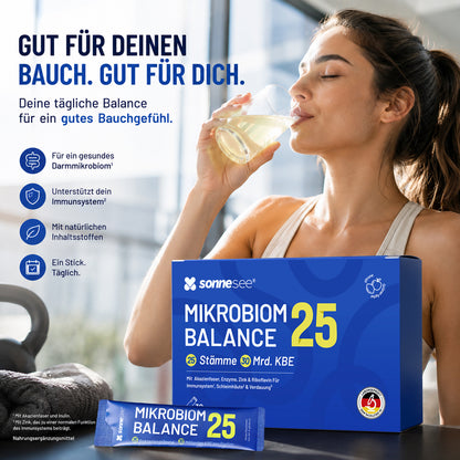 25 Bakterienkulturen + 30 Mrd. KBE – Darmflora Pulver mit Präbiotika, Enzymen, Zink & Biotin – 30 Tagesportionen – Sonnesee Mikrobiom Balance 25