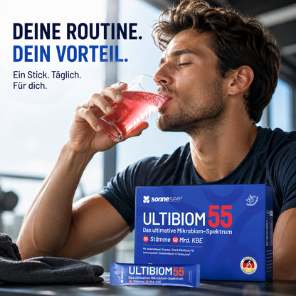 55 Bakterienkulturen 50 Mrd. KBE – Darmflora Komplex mit Inulin, Akazienfaser, FOS, Enzymen, Zink & Biotin – 30 Portionssticks – Sonnesee ULTIBIOM 55