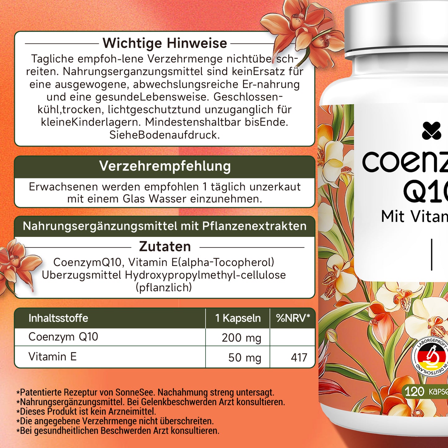 Sonnesee Coenzym Q10 120 Kapseln hochwertiges 4 Monate Vorrat mit Vitamin E 50mg aus pflanzlicher Fermentation Vegan