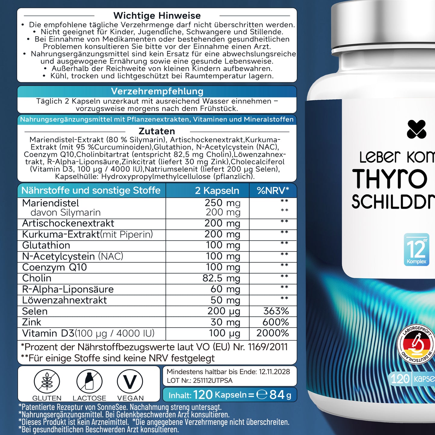 Sonnesee Umwandler Schilddrüse Komplex – 120 Kapseln – 12 Nährstoffe mit Selen, Zink & Vitamin D3 zur Unterstützung der normalen Schilddrüsenfunktion