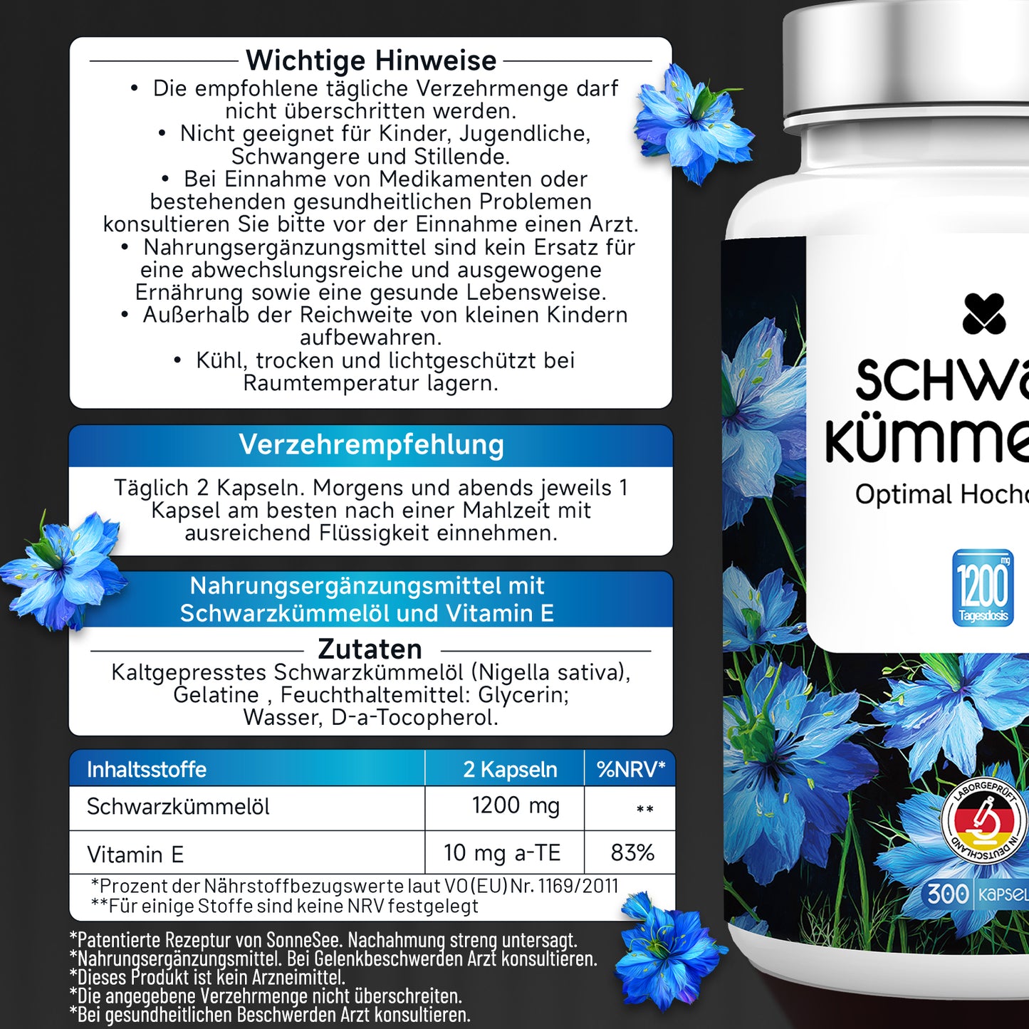 Sonnesee® Schwarzkümmelöl 1200 mg + Vitamin E | 300 Kapseln |