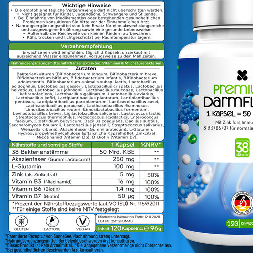 Pro 50Mrd Darmflora 38 Stämme Hochdosierte Komplexformel mit Akazienfaser, L-Glutamin, Zink & B-Vitaminen Hergestellt in Deutschland