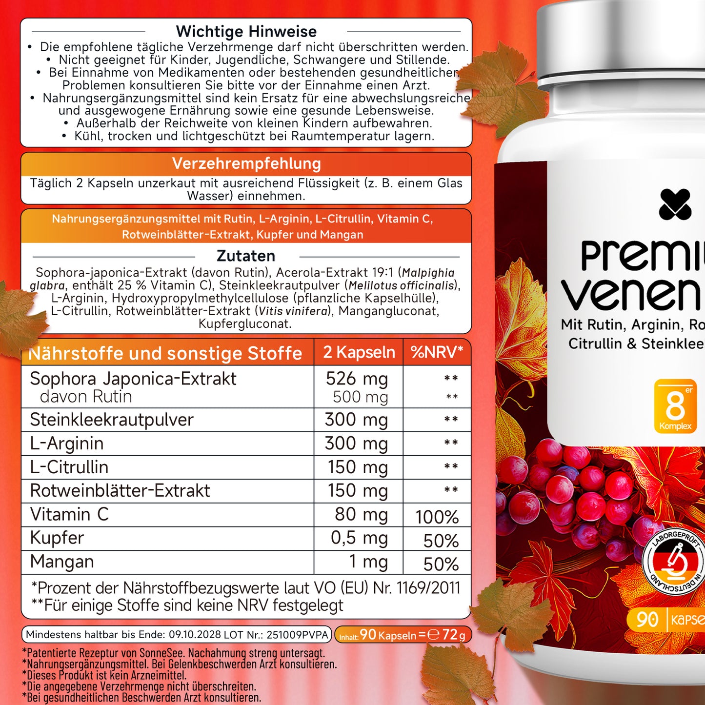 Premium Venen Pro Kapseln, 90 Stück, Mit Rutin, L-Arginin, Rotweinblätter-Extrakt, Vitamin C, Kupfer und Mangan, Vegan