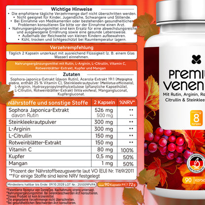 Premium Venen Pro Kapseln, 90 Stück, Mit Rutin, L-Arginin, Rotweinblätter-Extrakt, Vitamin C, Kupfer und Mangan, Vegan