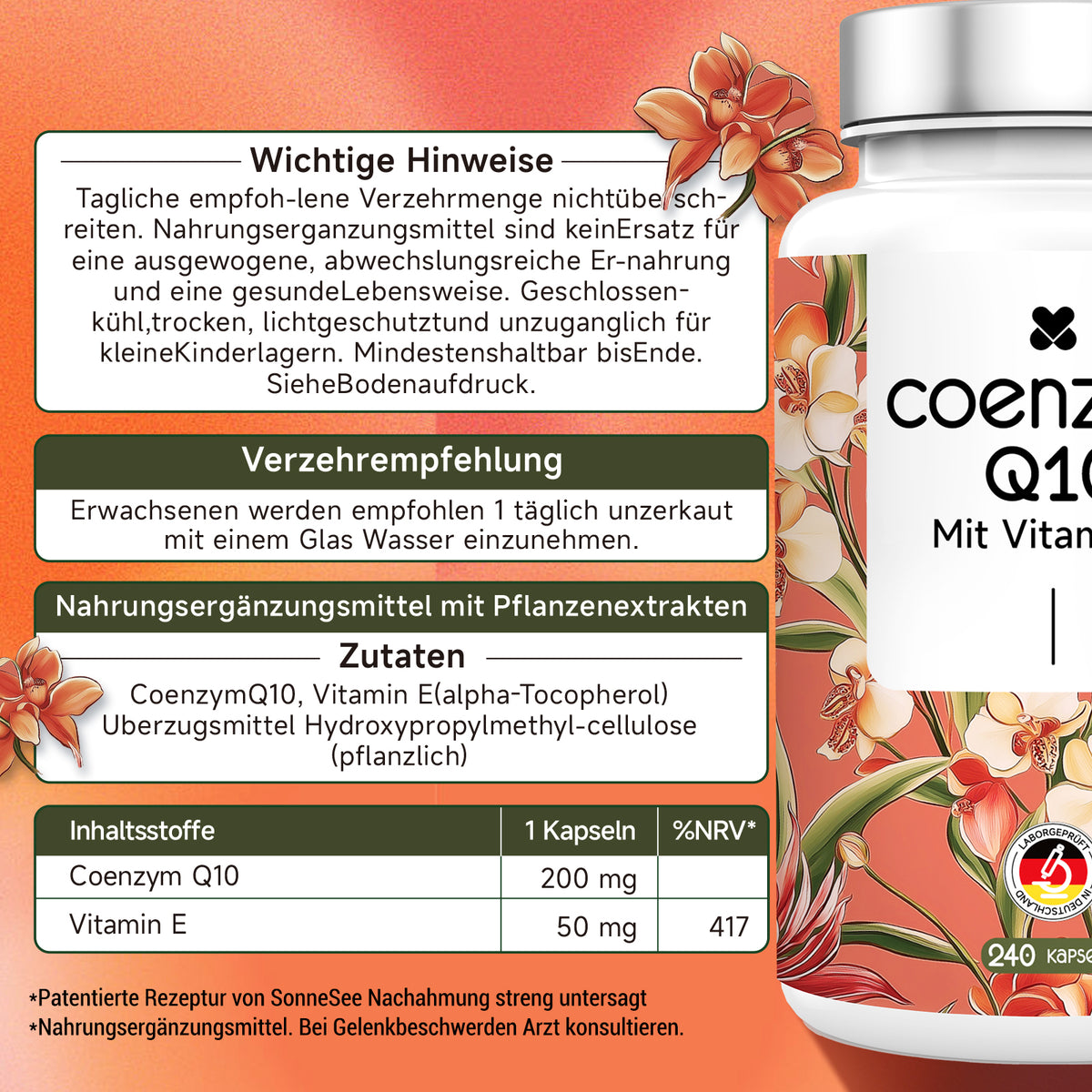 Sonnesee Coenzym Q10 120 Kapseln hochwertiges 4 Monate Vorrat mit Vitamin E 50mg aus pflanzlicher Fermentation Vegan