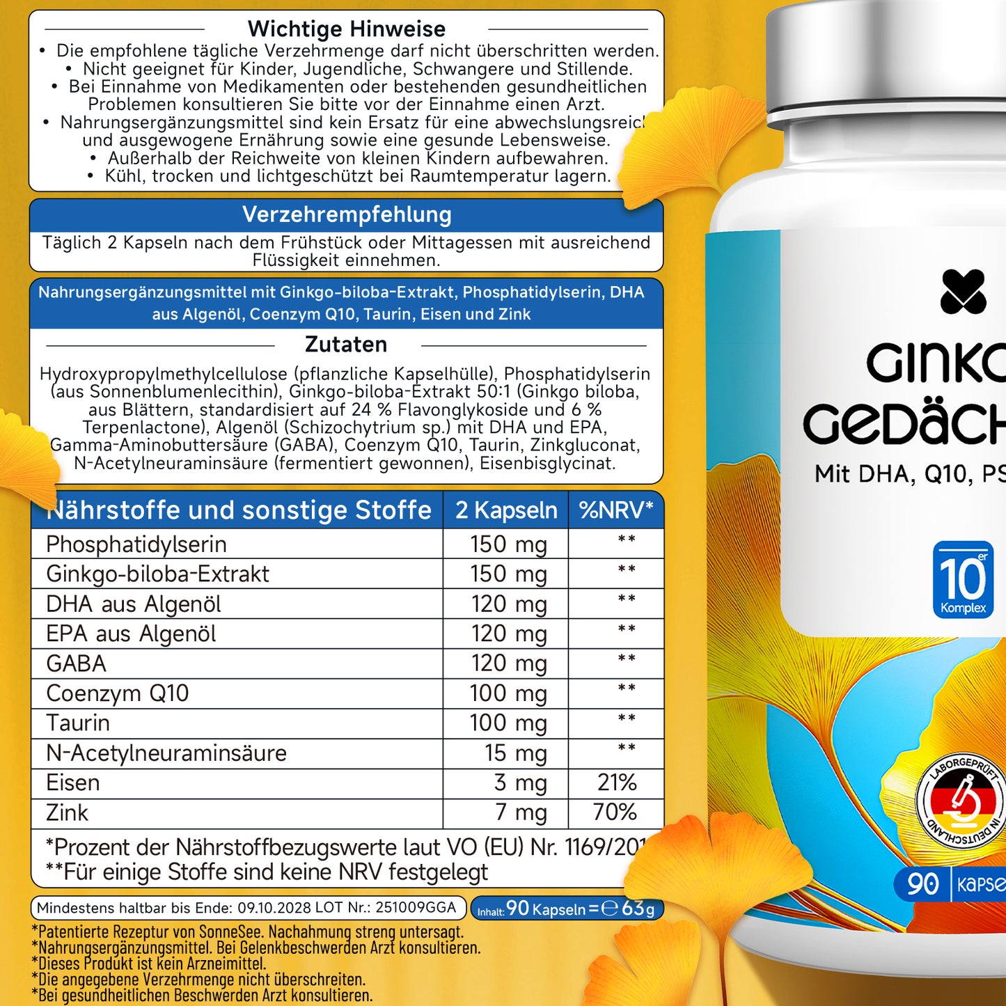 Ginkgo Gedächtnis Kapseln mit DHA, Q10, PS & Taurin, 90 Stück, Nahrungsergänzungsmittel mit Ginkgo-biloba-Extrakt