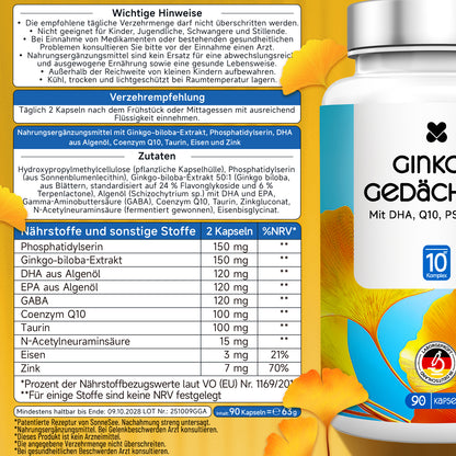 Ginkgo Gedächtnis Kapseln mit DHA, Q10, PS & Taurin, 90 Stück, Nahrungsergänzungsmittel mit Ginkgo-biloba-Extrakt