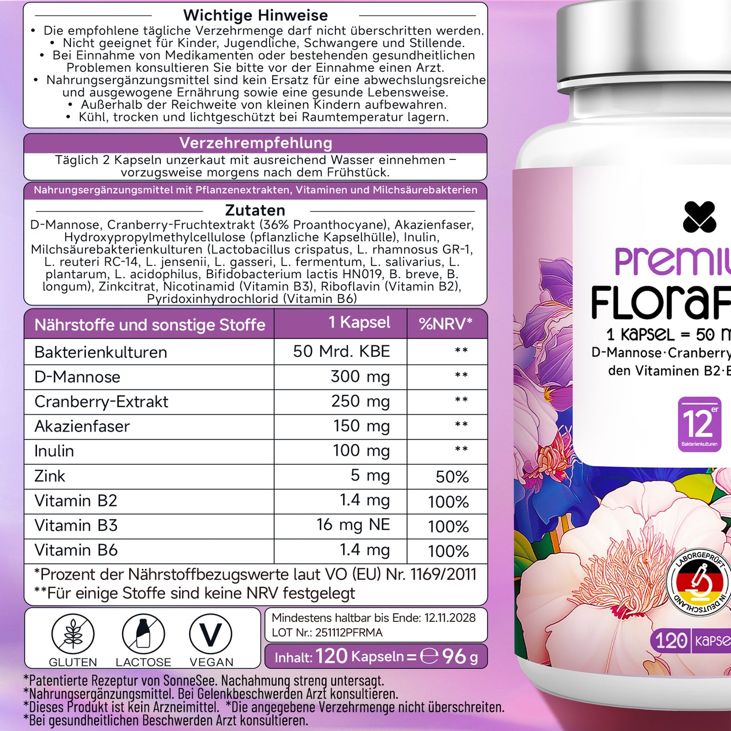 Sonnesee Premium FloraFem Kulturen Komplex 12 Bakterienstämme mit Mit D-Mannose, Cranberry, Zink und Vitaminen