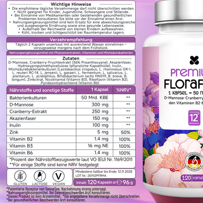 Sonnesee Premium FloraFem Kulturen Komplex 12 Bakterienstämme mit Mit D-Mannose, Cranberry, Zink und Vitaminen