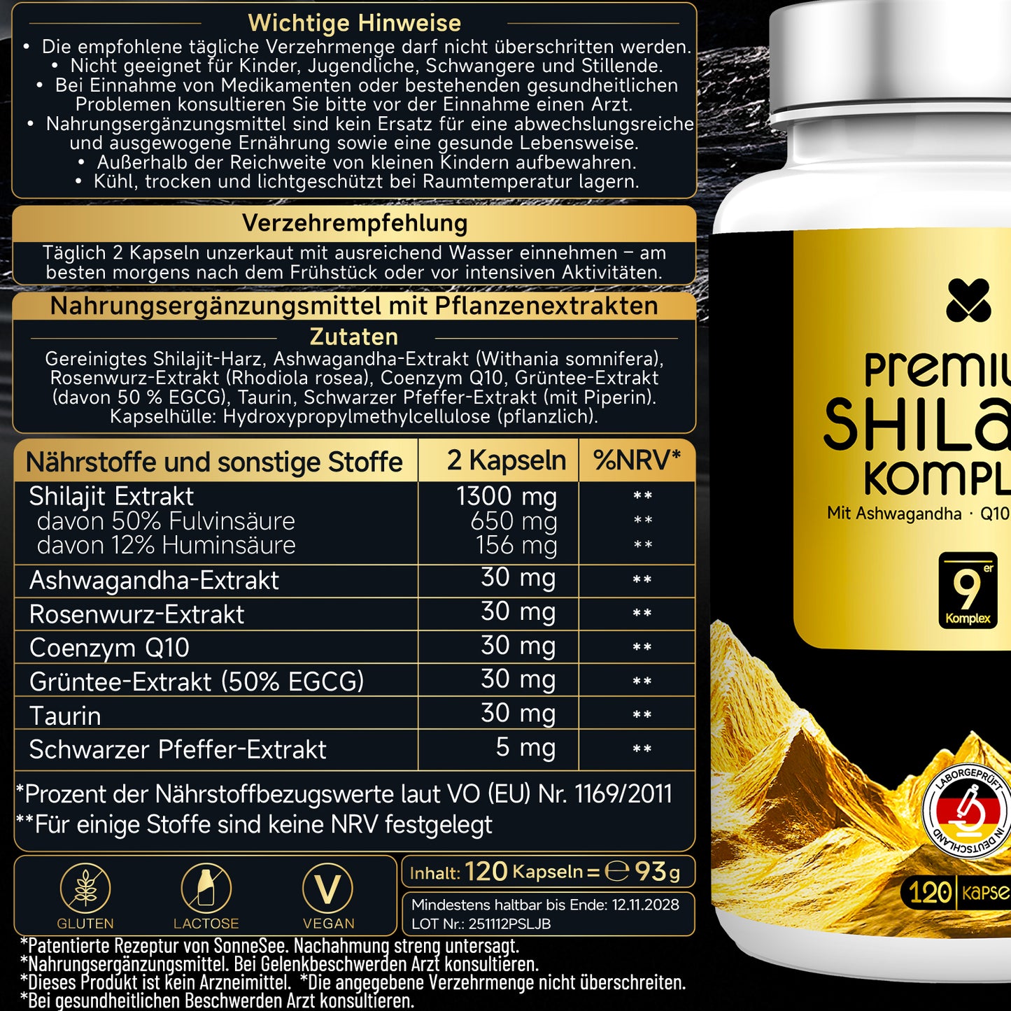 Sonnesee Premium Shilajit Komplex – Rein, Hochdosiert & Laborgeprüft | Mit Ashwagandha, Rhodiola & Q10